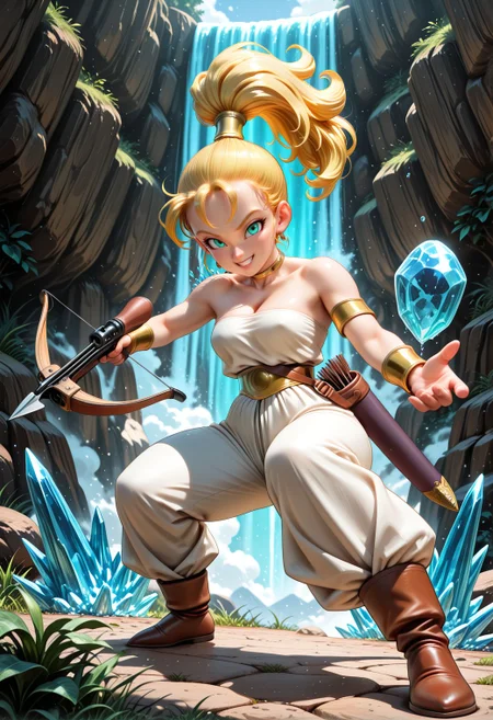 SmoothNoob_Quality, (toriyama akira:1.2), manga style, marle \(chrono trigger\), ponytail, aqua eyes, (holding crossbow), quiver, armlet, bangle, white clothes, pants, bare shoulders, full body, mature female, looking at viewer, grin, fighting stance, foreshortening, floating ice, floating waterfall,