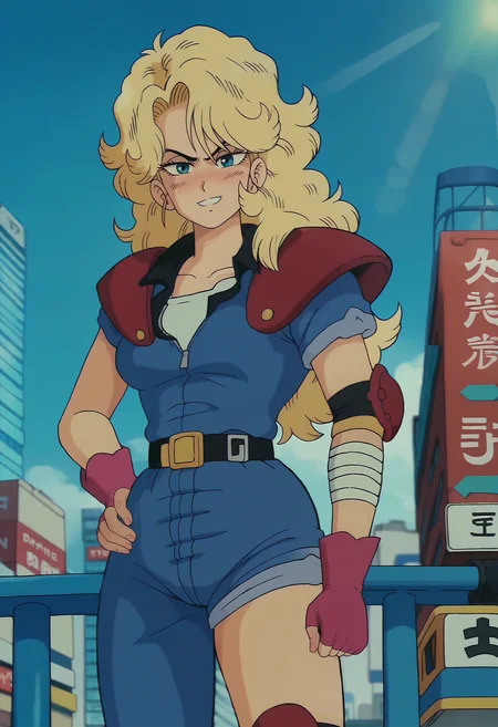 score_9, score_8_up, score_7_up, score_6_up, anime screencap, anime coloring, <lora:DBExtraGirl05Hasky:0.9>, DBExtraGirl05HaskyDEF, blonde hair, long hair, blue eyes, breasts,
blue jumpsuit, shoulder armor, pink fingerless gloves, bandaged arm, asymmetrical legwear, asymmetrical clothes, single pantsleg, 
standing, pov, looking at viewer, seductive smile, hand on own hip, 
BREAK, blue sky, day, cityscape, sunlight,