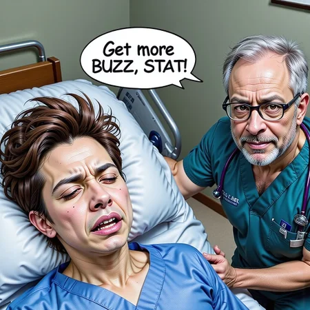 A realistic hospital scene of a young man laying on a bed. He is dying and in pain. His face is grimaced. His eyes are closed, His mouth is tight, He is wearing flannel hospital gown. There is a old doctor in the room attending to his patient. The doctor is wearing a hospital gown. Around his neck is a stethoscope. text bubble over the doctor "Get more BUZZ, STAT!" aidmatextimprover