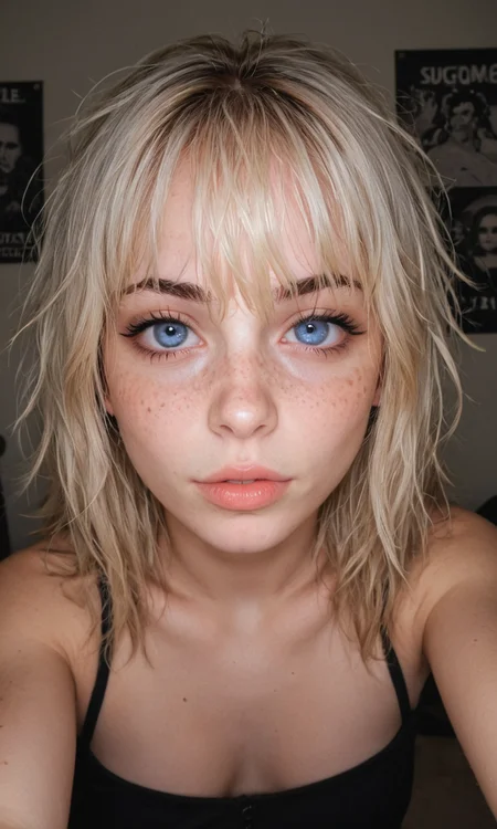 4k selfie with a excited expression, goth girl, deep focus, split-diopter lens, focus on her eyes, cluttered bedroom, posters on walls, warm lighting, long shaggy blonde, bangs between eyes, dark blue eyes, freckles, blush, natural lips, natural eyes, messy hair, black eyebrows, piercings, taking a selfie, bent forward,