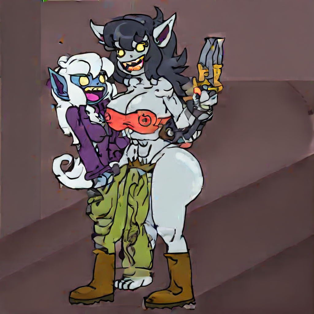 demon girl, fruit, penis on face, open jacket, full nelson, sheath, standing, large insertion, dark-skinned female, sword, tank top, pants, dark-skinned male, cleavage, very long hair, fangs, teeth, pokephilia, boots, driving, horse penis, wolf tail, weapon, thumbs up, demon horns, topless
