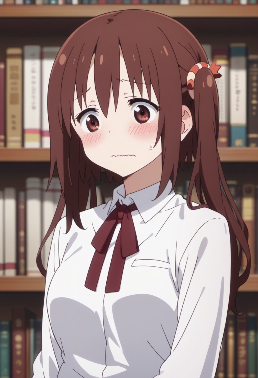 score_9, score_8_up, score_7_up, source_anime, nana ebina, cherry-brown hair, twintails, long hair, cherry-brown eyes, long hair, 1girl, solo, wavy mouth, blush, bookshelf, ribbon, shirt, book, sweatdrop, school uniform, upper body, neck ribbon