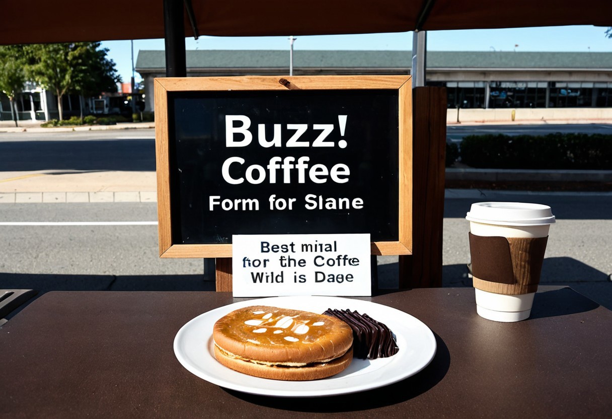 A single coffee on a dinner plate on a table, with a sign next to it saying text ''Buzz For A Coffee!'' cinematic shot,