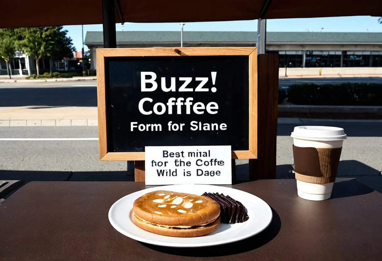 A single coffee on a dinner plate on a table, with a sign next to it saying text ''Buzz For A Coffee!'' cinematic shot,