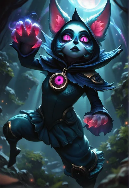 photorealistic, real aesthetic, masterpiece, high quality, Vex, (League of Legends), action shot, outerspace background, shallow depth of field, detailed background, dynamic angle, volumetric lighting, high resolution