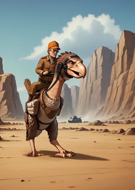 Dale Gribble, Dale Gribble riding terror bird, Terror bird, solo, 1boy, heroic, standing, full body, hat, glasses, action shot, soldier outfit, postapocalyptic, battle, dynamic shot, sci-fi <lora:Dale_GribblePony:0.7> <lora:Terror_Bird_Ark_Pony:0.7>