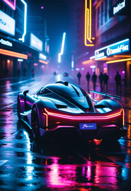product neon noir photo of a sci-fi formula 1 in the rain on a street in a futuristic city, night, puddles, (cyberpunk, neon lights:1.4), masterpiece, best quality, (intricate details), (****), eldritch, volumetric lighting, unique pose, dynamic pose, dutch angle, 35mm, anamorphic, lightroom, cinematography, film grain, HDR10, 8k hdr, Steve McCurry, ((cinematic)), RAW, color graded portra 400 film, remarkable color, raytracing, subsurface scattering,