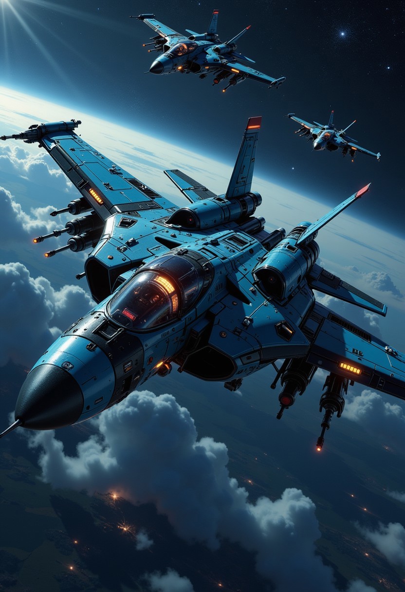 in the style of ck-mgs, A digital artwork in the style of cknc, a_skynet_cyberdyne_craft, the image is featuring a squadron of futuristic, highly advanced jet fighters flying rapidly at altitude, silhouetted, chiascuro, dark night, clear sky, stars, nebula. The fuselage is painted in camouflage blue and black, and the cockpit shows glowing led lights, and has a large air intake, dutch angle, the image slanted diagonally, motion blur