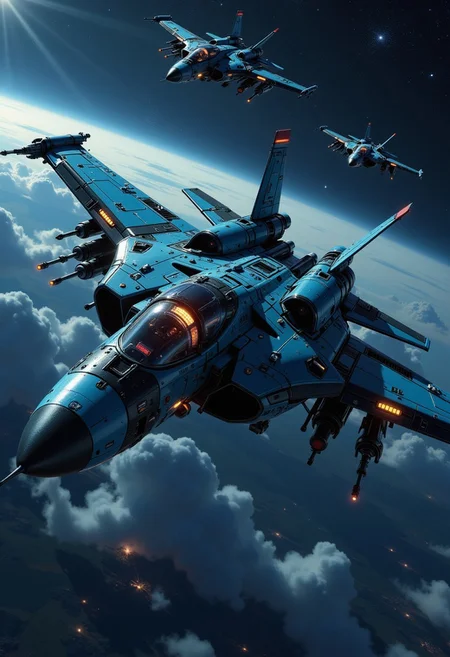 in the style of ck-mgs, A digital artwork in the style of cknc, a_skynet_cyberdyne_craft, the image is featuring a squadron of futuristic, highly advanced jet fighters flying rapidly at altitude, silhouetted, chiascuro, dark night, clear sky, stars, nebula. The fuselage is painted in camouflage blue and black, and the cockpit shows glowing led lights, and has a large air intake, dutch angle, the image slanted diagonally, motion blur