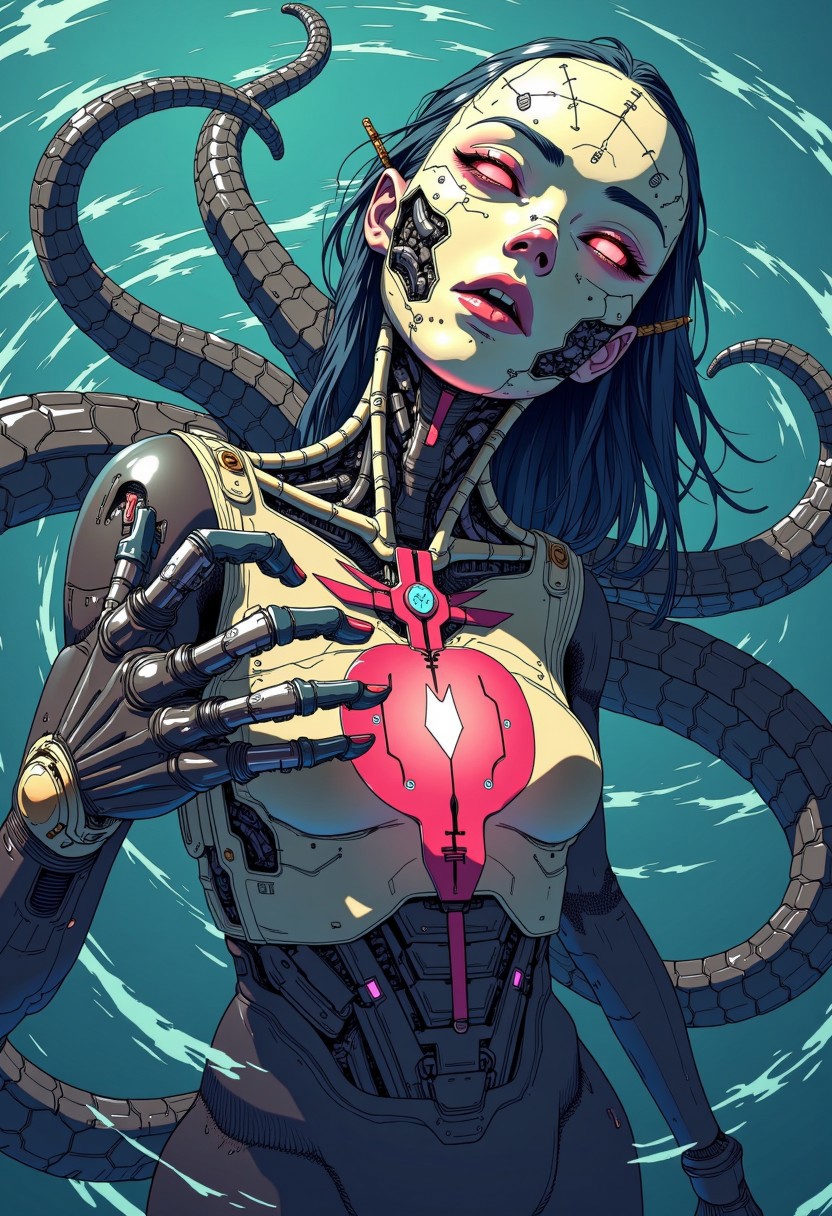 anime, cyberpunk, Detailed, vibrant, high contrast, horror, half turn shot, floating on water closed eyes, very tilted head, menacing expression, view from side, medium breasts, view form above, looking up into the camera, (monster woman), smooth ceramic head with cracks, eldrich monster body with tentacle legs, dynamic pose, wet intricate slimy tentacles, reflective skin, visible detailed joints, upper body shot, wet skin, black tentacle monster body, in the water, dark waters in the night, upside down extremely detailed skin, skin mixed with robotic parts, steam-core, bright core in the chest reveals heart in the vat, intricate pipes, ceramic doll-like hands, silky tentacles,