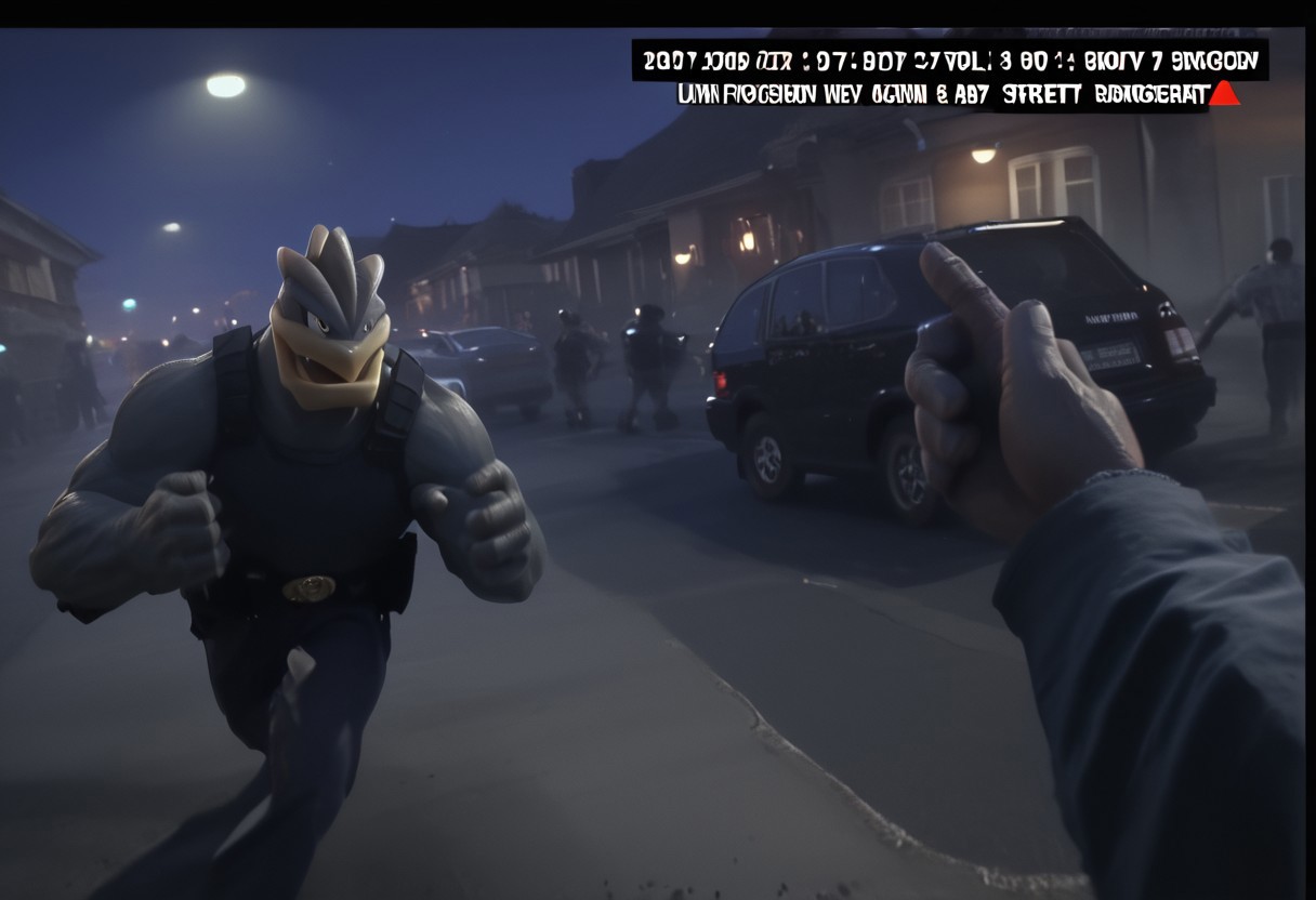score_9, score_8_up, score_7_up, BREAK
(first person pov, bodycam footage, low quality camera, low resolution, poor quality footage, scan lines, fake screenshot, fisheye lens, english text, low quality broadcast footage:1.2), 
 BREAK,
(Machamp, huge, male focus, muscular, jail clothes, punching car1.6), (night streets:1.5),
