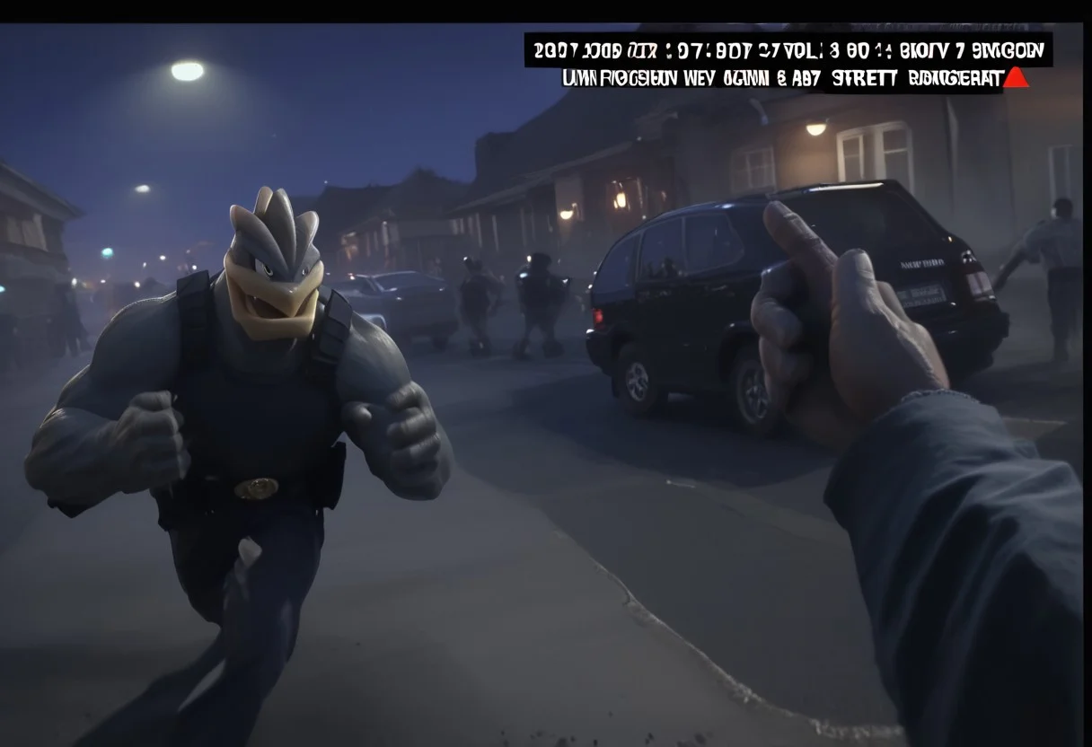 score_9, score_8_up, score_7_up, BREAK
(first person pov, bodycam footage, low quality camera, low resolution, poor quality footage, scan lines, fake screenshot, fisheye lens, english text, low quality broadcast footage:1.2), 
 BREAK,
(Machamp, huge, male focus, muscular, jail clothes, punching car1.6), (night streets:1.5),