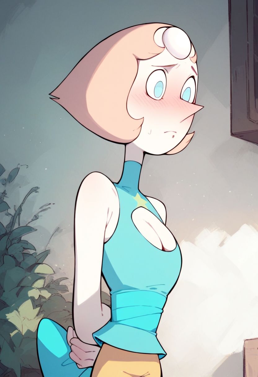 Score_9_up, score_8_up, score_7_up, 1girl, pearl, solo, peach hair, blue eyes, forehead jewel, sleeveless shirt, shorts, (cleavage, big boobs) hands behind back. blushing, Expressiveh