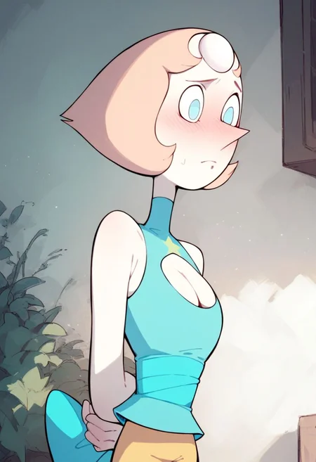 Score_9_up, score_8_up, score_7_up, 1girl, pearl, solo, peach hair, blue eyes, forehead jewel, sleeveless shirt, shorts, (cleavage, big boobs) hands behind back. blushing, Expressiveh