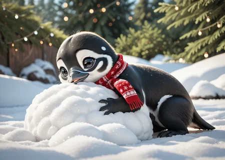 score_9, score_8_up, score_7_up, score_6_up, score_5_up, score_4_up, detailed, realistic, illustration, 8k, baby penguin wearing a scarf and sitting on a glowing snowball (cute furry feral:1.2), source_furry <lora:Animal_Christmas:0.8> animal christmas