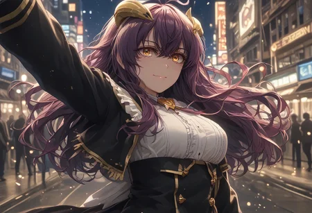 score_9, score_8_up, score_7_up, score_6_up, score_5_up, score_4_up, source_anime great lighting,detailed eyes,detailed HAIR,high definition eyes,
MagiaBaiser_Full, long hair, yellow eyes, ahoge, purple hair, facial mark, demon girl, magical girl, sharp fingernails, lheart ahoge, yellow horns,
lips,cute,thick thigh,black thighhigh,black coat, dark blue skirt on hip, frilled shirt,center frills,long sleeves,medium breasts,underbust, holding, standing, outdoors, blurry, from side,blurry background, night, depth of field, dynamic pose,crazy smile, teasing,NIGHT, city, downlight, train station,turning back,looking at viewer, black highheel,girl on right position,relax,,arms open,weight,full_body,fuzichoco_style,colorful,fFaceDetail,handfixer