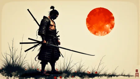 A minimal traditional japanese ink painting of the last weary Japanese samurai standing alone after an intense battle. He wears no armor nor any helmet. He holds his sword in hand. He is battered, bruised, and bleeds from several minor wounds. He is weary, disgusted, disheartened, and saddened at the lives that were lost. An orange rising sun hangs in sky behind him. This is a full frame body shot, from head to feet, providing a environmental wide angle view of the entire body. Intricate details, masterpiece, best quality. Soft volumetric lighting. <flux_realism_lora:0.42> <FluxDFaeTasticDetails:0.36> <BaroqueColorful:0.48>