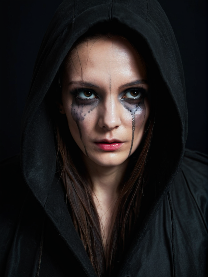 <lora:Smeared-Makeup-SDXL-000008:0.8>
portrait of a woman with smearedmakeup, hood, dark baclground, long dark coat,