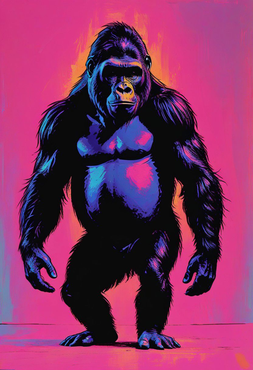 medium shot, full body, ballet pose, impactful color paint of, a gorilla wearing a tutu, highly detailed, vibrant colors , 8k, sharp, professional, clear, high contrast, high saturated, , vivid deep blacks, crystal clear