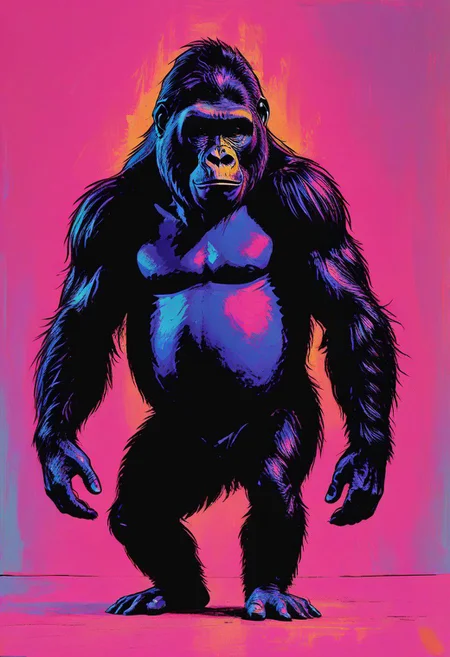 medium shot, full body, ballet pose, impactful color paint of, a gorilla wearing a tutu, highly detailed, vibrant colors , 8k, sharp, professional, clear, high contrast, high saturated, , vivid deep blacks, crystal clear