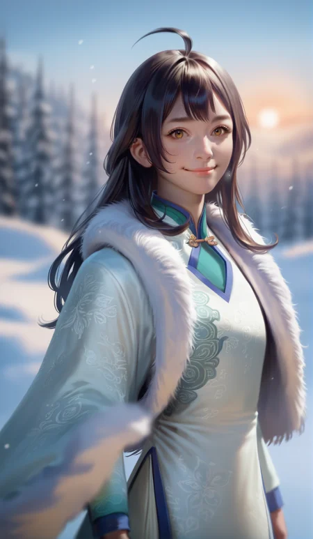 score_9,score_8_up,score_7_up,
<lora:xinxianying:1>,xinxianying,
highres,photorealism,bloom,
1girl,solo,long black hair,bangs,ahoge,
yellow eyes,looking at viewer,smile,
white and cyan gown,fur cape,
upper body,
blurry background,outdoors,winter,snowfield,light particles,sun,