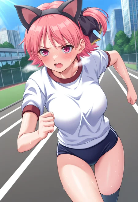 masterpiece, best quality, amazing quality, 1girl, solo, natsukiww, pink eyes, pink hair, short hair, side ponytail, brown hair ribbon, medium breasts, fake animal ears, cat ears, gym uniform, short sleeves, dark blue buruma, black kneehighs, <lora:Misono_Natsuki_Yoridori_ill:0.8>, looking ahead, serious, blush, open mouth, heavy breathing, steaming body, sweat, sweatdrop, running, outdoors, day, city, skindentation, detailed clothing folds, depth of field, sharp, high contrast, dynamic light