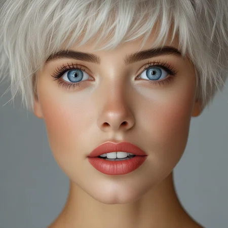 bellissima 1girl, solo, looking at viewer, short hair, open mouth, blue eyes, simple background, white hair, teeth, grey background, lips, eyelashes, portrait, close-up, realistic, nose