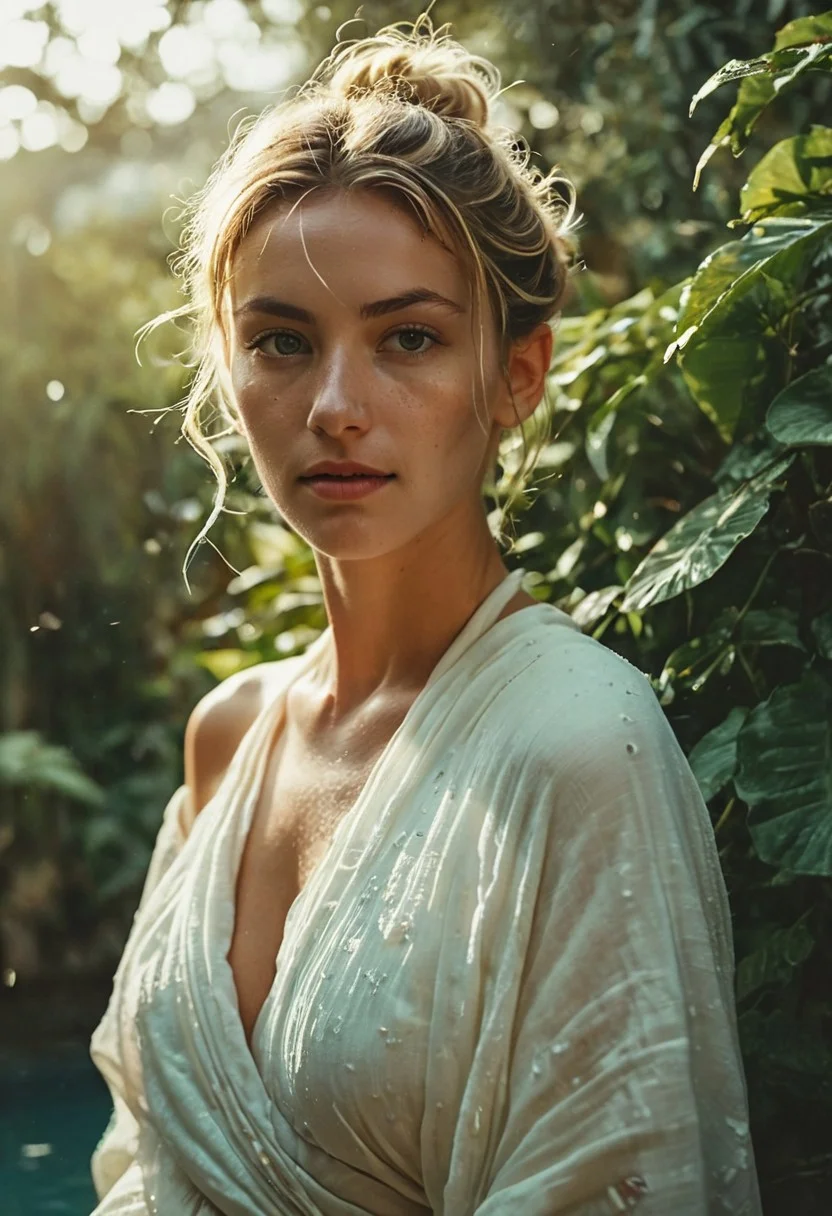 highly detailed and hyper realistic novuschroma37 style NightScapes Woman Portrait photo, high-contrast monochrome palette, freckled ancient Busty blonde with Messy Hairbun wearing White See through linen toga, light smile, subtle grain, timeless feeling, cinematic quality, modern art photograph, A breathtaking photo capturing the magnificence of the Hanging Gardens of Babylon by night, The image showcases the immense, lush terraces with cascading steps around a vibrant crystal turqoise and deep blue tiled swimming lake inviting to take a bath, lavishly adorned with marble and crafted from the finest stones. The pastel-hued tiled steps are teeming with exotic plants, creating a vibrant and verdant paradise. Birds flit gracefully among the foliage, adding to the enchanting ambiance of this ancient marvel., , limited dark palette, vibrant colors, faded, atmospheric haze, highly dramatic cinematic lighting, motion blur, film grain, professional, excellent composition, finest details, maximized details, ultimate detail level, masterpiece, best quality, ISO 300, 1/250s, F/2,8, 38 mm, extremely high quality RAW photograph, 4k, sharp focus, high resolution, 8k UHD, DSLR, high quality, film grain, Fujifilm XT3