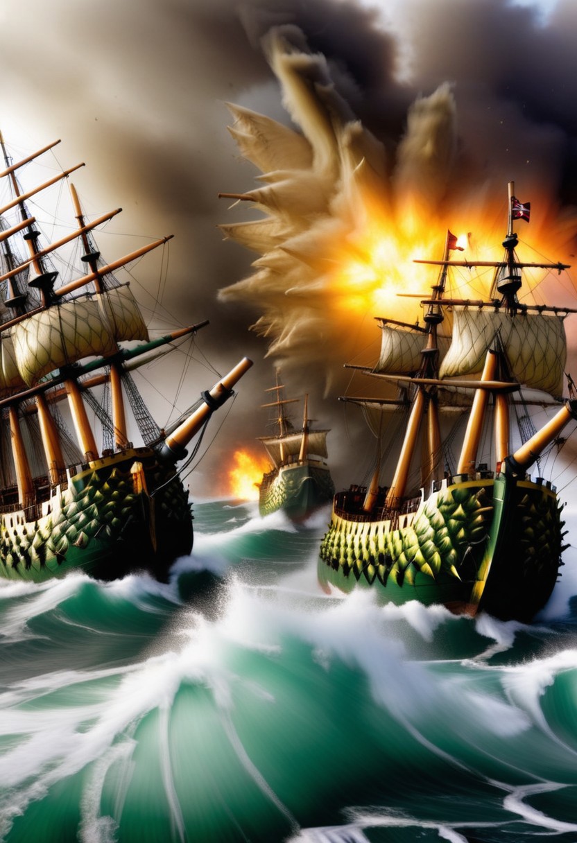 A massive sea battle rages on turbulent waters. Warships with tall sails exchange cannon fire, explosions tearing through wooden hulls. Flames rise, smoke darkens the sky. One ship rams another, sailors clash in brutal close combat. Debris floats as ships sink, the chaos lit by flashes of fire. Waves crash violently against the wreckage, a few ships limping away as the battle reaches its bloody climax.