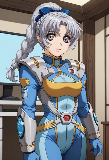 score_9, score_8_up, score_7_up, 1girl, solo, grey hair, grey eyes, braided ponytail, srwbluepilotsuit, blue bodysuit, pauldrons, wrist guards, metal belt, grey armor, helmet removed, no headwear, looking at viewer, slight smile, cowboy shot, indoors, metal wall, metal walls, monitor,