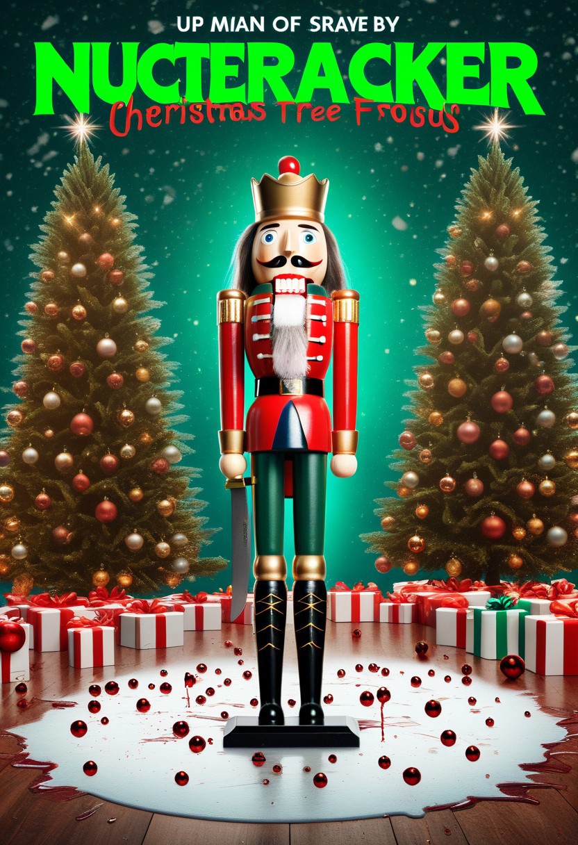 Masterpiece, best quality, absurdres, nutcracker, wooden, fake magazine cover, movie aesthetic, 1girl, female focus, solo, solo focus, evil, scary, meme,  Christmas theme , cinematic lighting, Christmas lights tied around the body, liminal horror, meme, paint splatter, liquid pools, green theme , blood splatter , Christmas tree, 32k uhd, desktop wallpaper, knife wounds, funny,