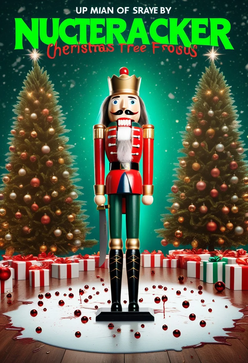 Masterpiece, best quality, absurdres, nutcracker, wooden, fake magazine cover, movie aesthetic, 1girl, female focus, solo, solo focus, evil, scary, meme, Christmas theme , cinematic lighting, Christmas lights tied around the body, liminal horror, meme, paint splatter, liquid pools, green theme , blood splatter , Christmas tree, 32k uhd, desktop wallpaper, knife wounds, funny,