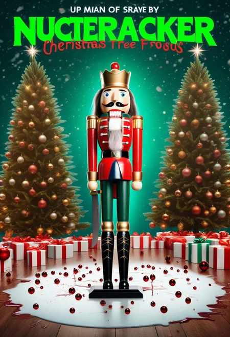 Masterpiece, best quality, absurdres, nutcracker, wooden, fake magazine cover, movie aesthetic, 1girl, female focus, solo, solo focus, evil, scary, meme, Christmas theme , cinematic lighting, Christmas lights tied around the body, liminal horror, meme, paint splatter, liquid pools, green theme , blood splatter , Christmas tree, 32k uhd, desktop wallpaper, knife wounds, funny,