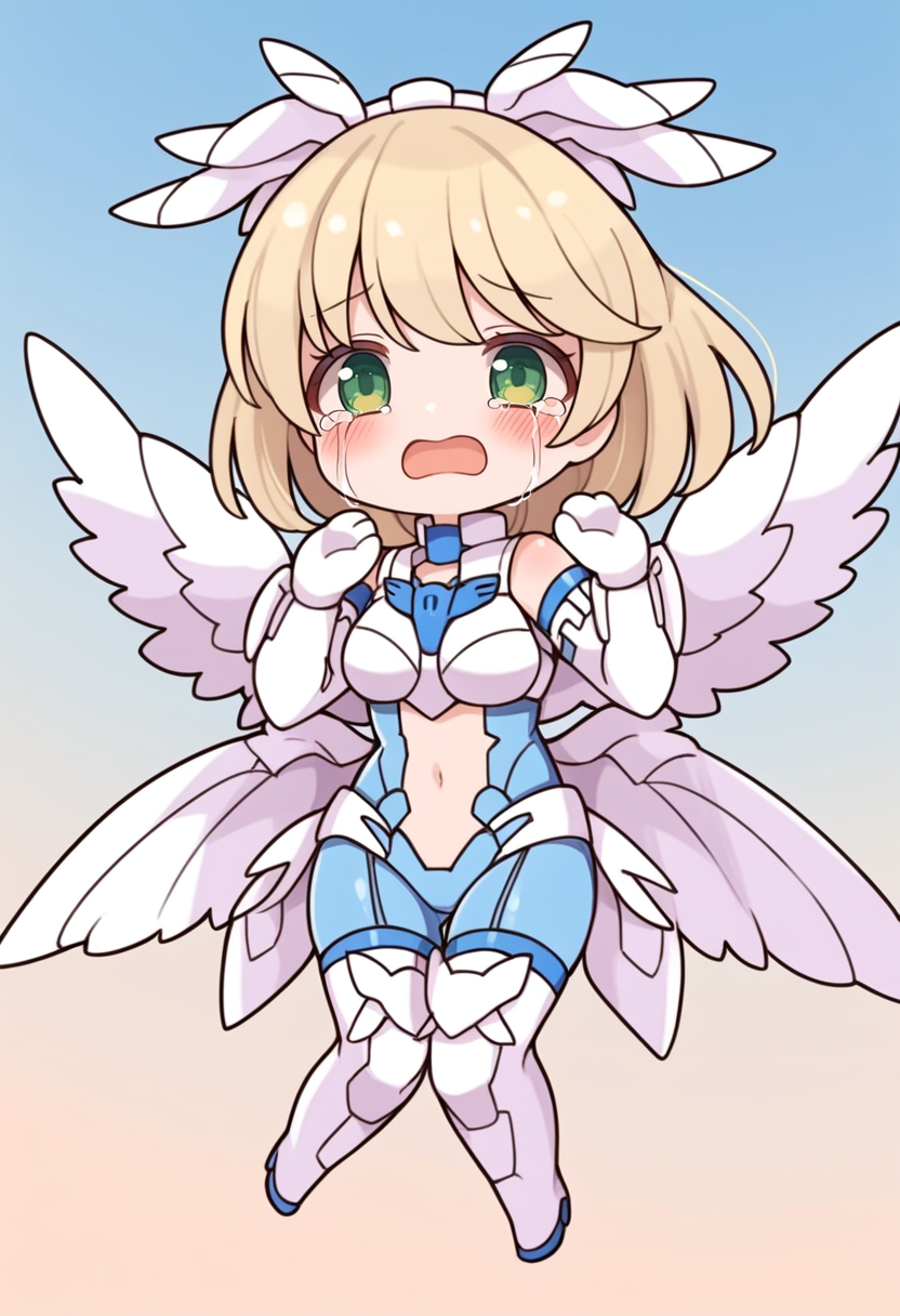 (score_9:0.9),score_8_up,score_7_up,anime style,rating_safe,<lora:SIS-Dc88w Eliene-Elierica ponyXL v2:0.7>,SIS-Dc88w Eliene-Elierica,1girl,solo,chibi,blush,large wings,head wings,Eliene-Elierica clothes,bodysuit,thigh boots,elbow gloves,open mouth,crying with eyes open, sky