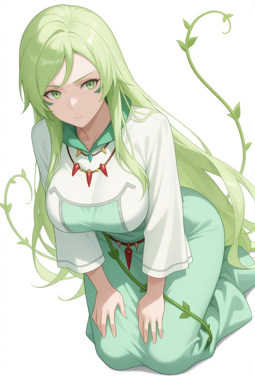 Smooth Quality,masterpiece,very intricate, high quality details, ultra realistic, high detailed skin,detailed enviorement,absurdres,
simple background, white background,solo,
dynamic angle,serious,kneeling, hands on thighs, head slightly tilted, neutral expression, focused gaze, ,
<lora:Treyni_CNR:0.8> treyni_cnr, 1girl,green hair, long hair, green eyes, facial mark, very long hair, large breasts,robe, dress, long sleeves,necklace,vines,
