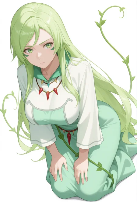 Smooth Quality,masterpiece,very intricate, high quality details, ultra realistic, high detailed skin,detailed enviorement,absurdres,
simple background, white background,solo,
dynamic angle,serious,kneeling, hands on thighs, head slightly tilted, neutral expression, focused gaze,  ,
 <lora:Treyni_CNR:0.8> treyni_cnr, 1girl,green hair, long hair, green eyes, facial mark, very long hair, large breasts,robe, dress, long sleeves,necklace,vines,