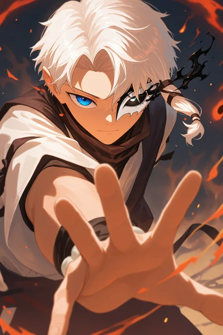 masterpiece, best quality, absurdres, safe,
1boy, hakuri sazanami, white hair, blue eyes,
outstretched arm, [eye trail : black fire, flame : 0.3 ] half mask, one eye covered 
<lora:kagurabachi_il_1_d16:1>