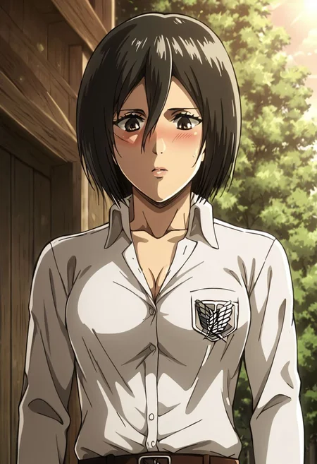 1girl, solo, Mikasa Ackermann, attack on titan beautiful face, detailed eyes, detailed face, standing, medium chest, blushing, looking down shy, tits showing, boobs outside of white shirt