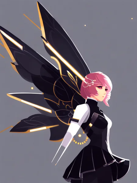 cyberpunk digital painting full body portrait of newtkn alisabcnv, art by midjourney, mechanical wings, glowing mecha, dark atmosphere, silhouette, detailed dark portrait, black, low saturation