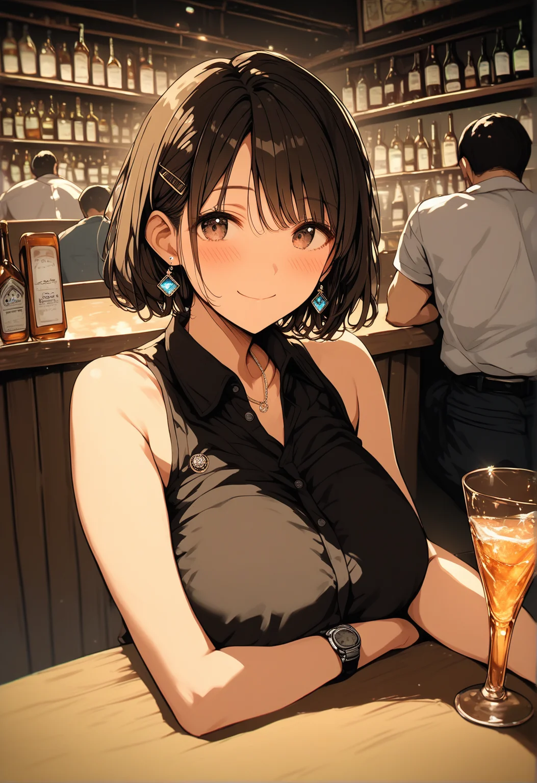 score_9, score_8_up, score_7_up, score_6_up, source_anime, <lora:BLE 0.1v:1>,
BLE, 1girl, looking at viewer, blush, smile, short hair, shirt, brown hair, huge breasts, black hair, hair ornament, 1boy, closed mouth, jewelry, bare shoulders, sitting, brown eyes, earrings, sleeveless, collared shirt, solo focus, indoors, hairclip, necklace, bracelet, cup, black shirt, sleeveless shirt, bottle, drinking glass, alcohol, watch, ice, wristwatch, bar (place),