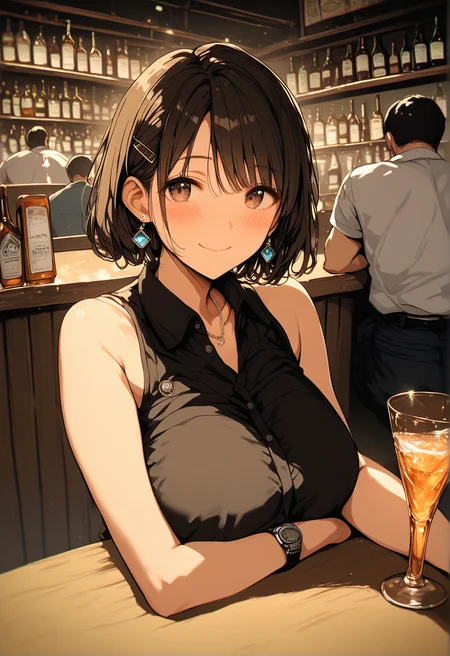 score_9, score_8_up, score_7_up, score_6_up, source_anime, <lora:BLE 0.1v:1>, 
BLE, 1girl, looking at viewer, blush, smile, short hair, shirt, brown hair, huge breasts, black hair, hair ornament, 1boy, closed mouth, jewelry, bare shoulders, sitting, brown eyes, earrings, sleeveless, collared shirt, solo focus, indoors, hairclip, necklace, bracelet, cup, black shirt, sleeveless shirt, bottle, drinking glass, alcohol, watch, ice, wristwatch, bar (place),