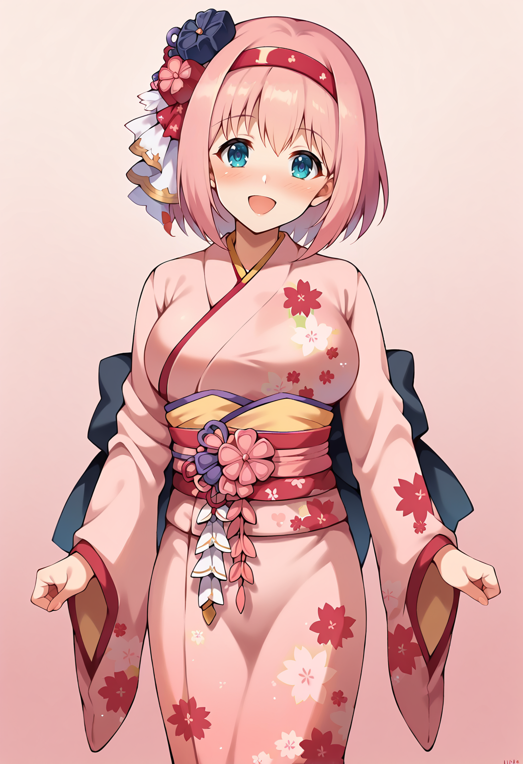 score_9, score_7_up, hd, (ultra hd quality details), source_anime, gradient background, pink background,
solo, 1girl, large breasts, yuipcrbase, pink hair,
yknewyear, hair ornament, hair flower, hairband, print kimono, sash,
looking at viewer, blush, smile, head tilt, open mouth, 
standing,
<lora:_yui_pcr-elesico-ponyr1:1>