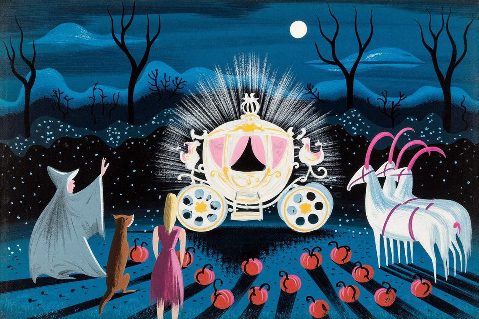 maryblair1 illustration.
In the center is an ornate carriage with a golden interior, accompanied by three white horses with pink plumes on their heads. On the left is a fairy godmother in a gray robe, waving her wand. A woman wearing a pink dress and her dog, their backs to the viewer, are looking at the carriage. There are seven pumpkins on the ground. A full moon is in the sky. <lora:maryblair2_cap_d8a4:1.0><lora:846201573701861021:0>