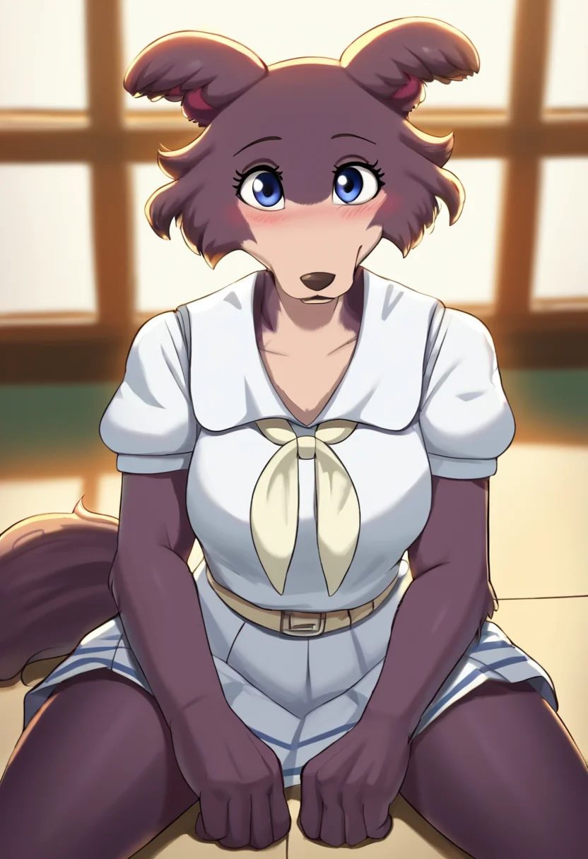 score_9, score_8_up, score_8, score_7_up, score_7, score_6, sidelighting, volumetric lighting, ray tracing, detailed lighting, subsurface scattering, (masterpiece, best quality), very aesthetic, source_furry, solo, cute, blush, cute pose, juno, wolf girl, brown-purple fur, blue eyes, wolf tail, school uniform, neckerchief, belt, long sleeves, short sleeves, white socks, black shoes, <lora:JunoUpdated:0.8>, indoors, (fullbody, sitting on the floor, legs apart, face focus, close, looking at viewer:1.2), school hallaway, day, window, ultra-detailed, absurdres, depth of field, blurry background, cute smile, 1girl, (girly:1.2), (fullfigured ,voluptuous:1.4), medium breasts, round breasts, perky breasts, detailed fur, nexcoyotlgt, <lora:NexcoyotlGT:1>