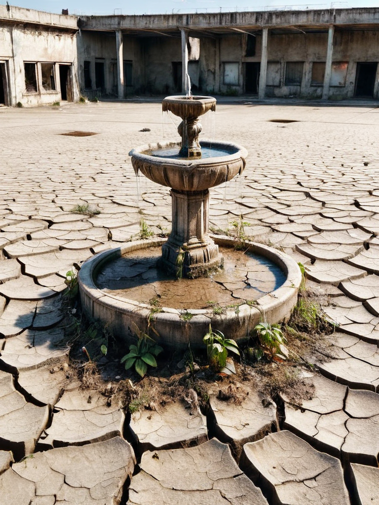 An ais-prchd urban scene showing the contrast between abandoned, dry fountains and the resilience of nature, with plants growing through cracks in the concrete <lora:ais-prchd-sdxl:1>