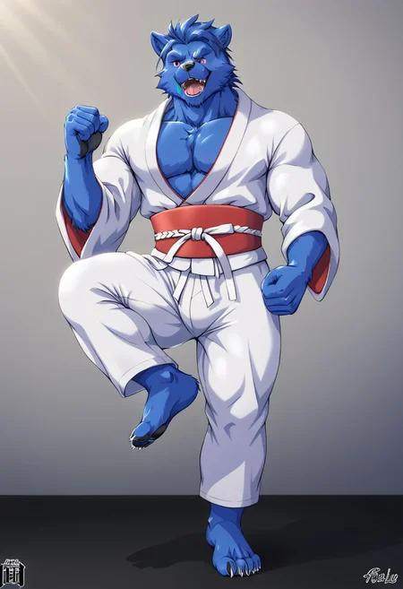 (((Barefoot furry character, full body, cinematic setting, furry male, plantigrade))) 
(((Beast from X-Man))), muscular, beefy, brawny, (((wears white kimono and lonh white pants))), (((performs karate kick))), blue fur on entire body
BREAK, detailed background, 8K, (masterpiece:1.5), intricate details, highly detailed, extreme detail, octane render, fine art, best quality, highres, (detailed face:1.5), ((full_body)), UHD, (((perfect hands))), low light
