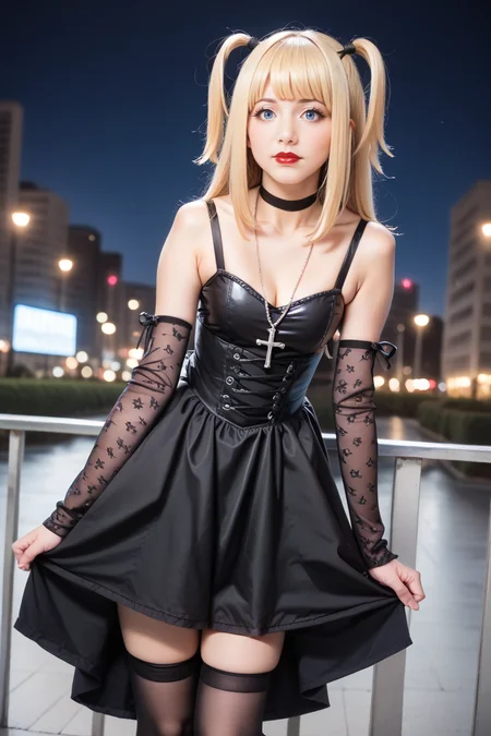 score_9, score_8_up, score_7_up,realistic,bokeh,japanese,amane misa, 1girl, blonde hair, blue eyes, bangs, long hair, two side up,pale skin,gothic,red lips, black dress, black choker, black detached sleeves, cross necklace, black thighhighs,city,night,leaning forward,(from side:0.8) <lora:MisaPony:1>