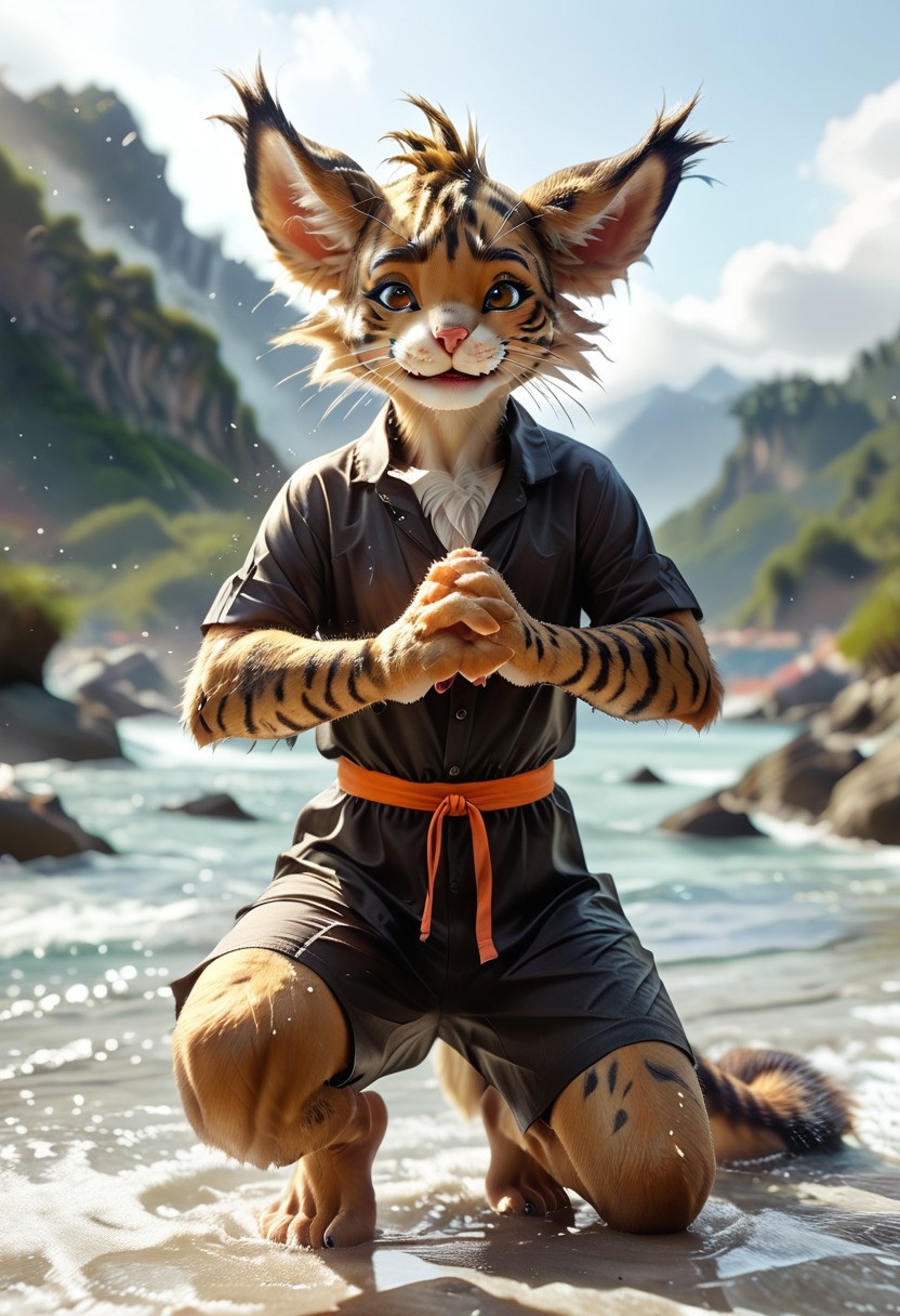 (((Barefoot furry character, full body, cinematic setting, furry male, plantigrade)))
(((rain))) keeps falling down - down
into the rivers of life
into the oceans of this world
and back up into the sky
((mountains of gold))
are shrinking in time
they vanish into space
revealing your true face
what is the meaning of all that is? 
just for a start...
I can feel your ((smile))
right in my heart
time is calling name by name
come back to me
enchanted by the sound 
the souls swirl around and around
((time is calling)) name by name
come back to me
enchanted by the sound 
my soul bursts into flames 
BREAK, intricate details, highly detailed, extreme detail, octane render, fine art, best quality, highres, (detailed face:1.5), ((full_body)), UHD, (((perfect hands))), low light,