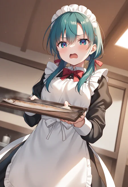 1girl,sincos, ningen mame, toosaka asagi,solo,medium breasts,20yo,maid,maid headdress,
saury, fish, apron, food, tray,holding tray,indoors, <lora:saury_XL_v1:0.8>
from below, upper body, looking at viewer, aqua hair, pink eyes,disgust, open mouth, low twintails hair,,
best quality, very aesthetic, absurdres