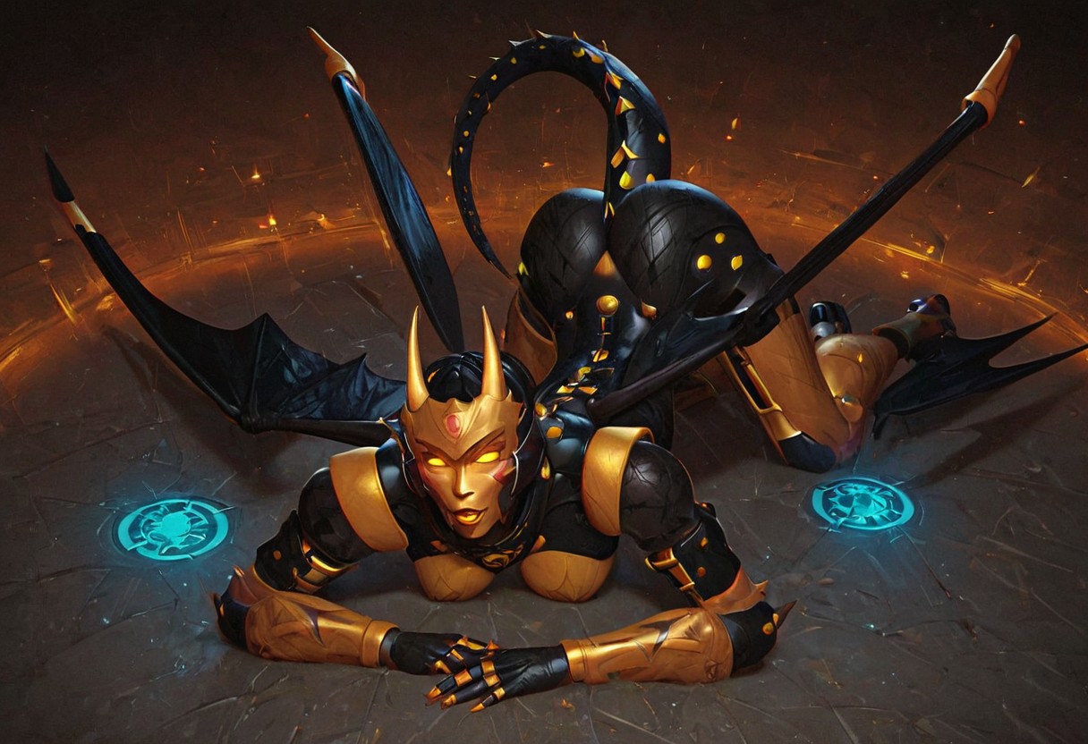 score_9, score_8_up, score_7_up,score_6_up, Expressiveh, 1dk, score_9, solo,  lewd face,  perfection, perfect hands, detailed hands,  1girl, solo, alone, medium breasts, 
 glowing eyes, 
dragongirl, monstergirl, dragon wings, large wings,  wings spread, black wings, 
 long tail, black and gold tail, gold and black wings, dragon tail,  spines on tail,  spiked tail,  long horns,  curved horns, zoomed out
 full body view, laying on back, facing viewer, ass up, view from above
glowing eyes, mecha, robot, autobot, glowing eyes,  yellow eyes, black skin,  golden accents, 
mecha, robot, autobot, glowing eyes, black4TF